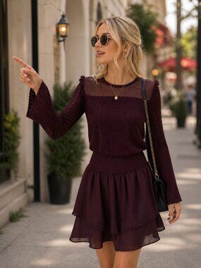 Burgundy Dress Short Mesh Ruffle Elastic Waist Cocktail Women’s Sz M Long Sleeve